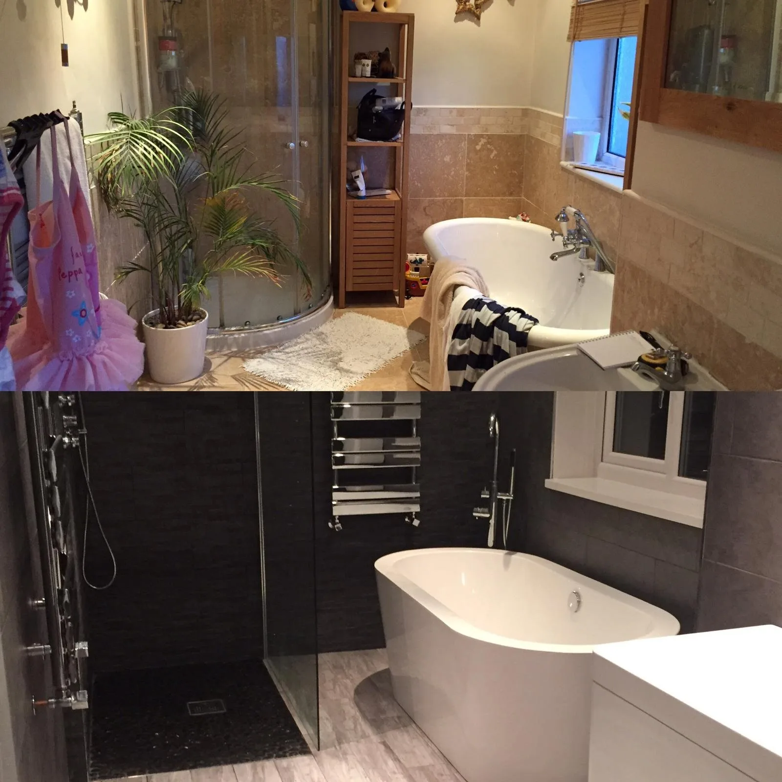 Before and after of the same bathroom, retiled with a new over-bath shower
